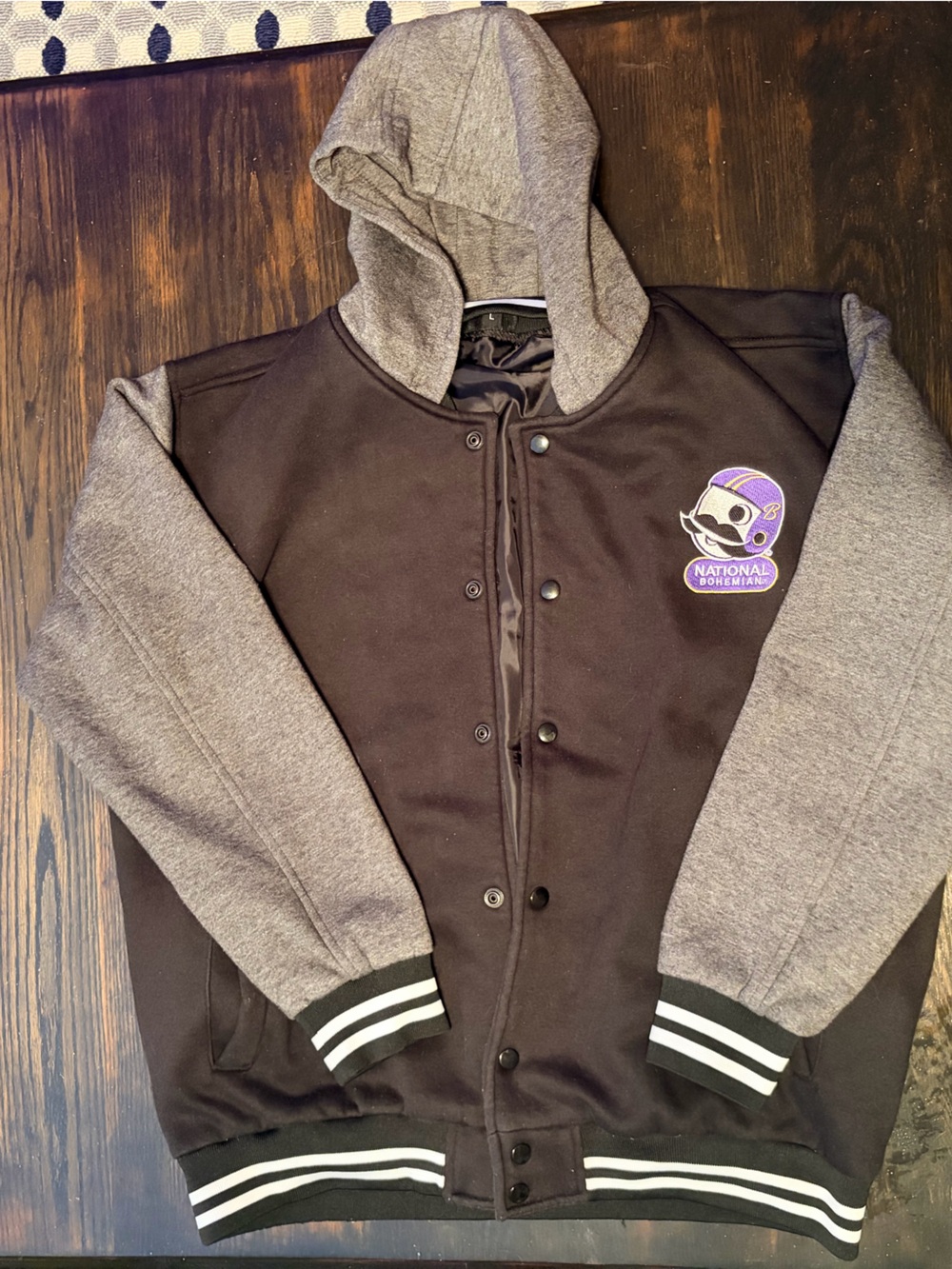 Mens Black & Gray Hooded Varsity Jacket with Baltimore Natty Boh Patch